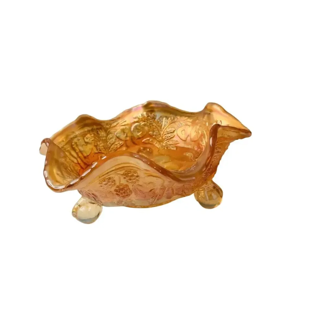 Antique Carnival Glass Fenton Panthers Marigold Ruffled Berry Bowl 1914 3-Footed - Picture 1 of 15